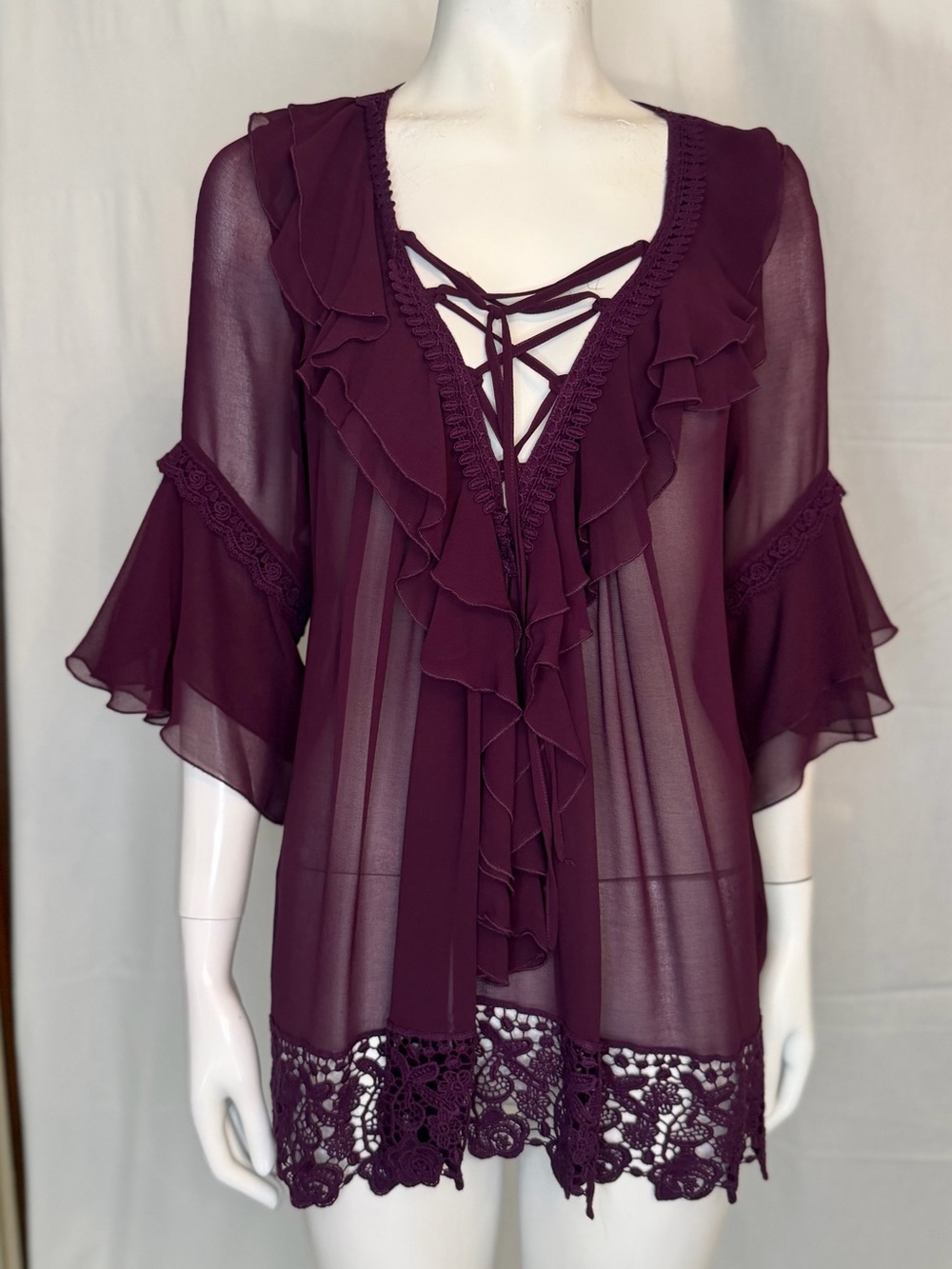 Sheer Ruffle Lace-Trim Blouse in Plum - Picture 2 of 7